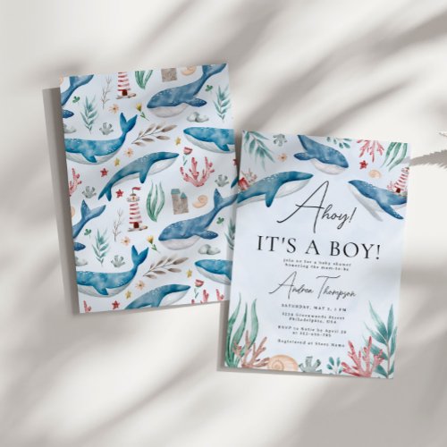 Whale Under the Sea Ahoy Its a Boy Baby Shower Invitation