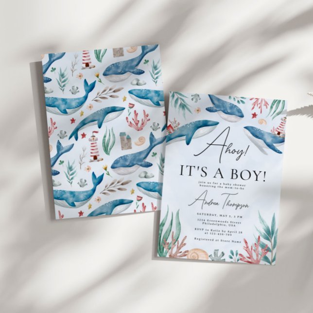 Whale Under the Sea Ahoy It's a Boy Baby Shower Invitation (Creator Uploaded)