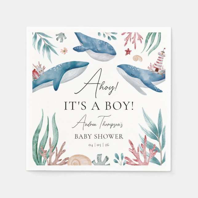Whale Under the Sea Ahoy It's a Boy Baby Shower Napkins (Front)