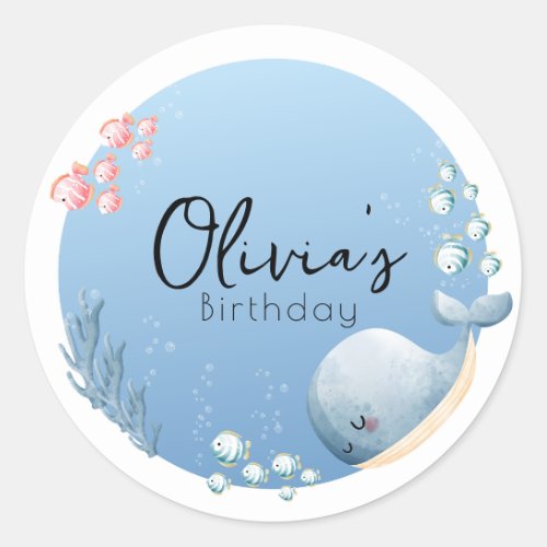 Whale under the sea birthday  classic round sticker