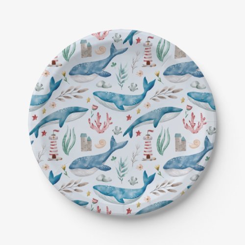 Whale Under the Sea Blue Boy Baby Shower Paper Plates