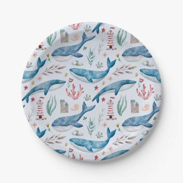 Whale Under the Sea Blue Boy Baby Shower Paper Plates (Front)