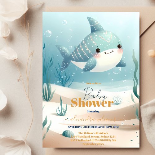 Whale Under the Sea Blue Watercolor Baby Shower Invitation