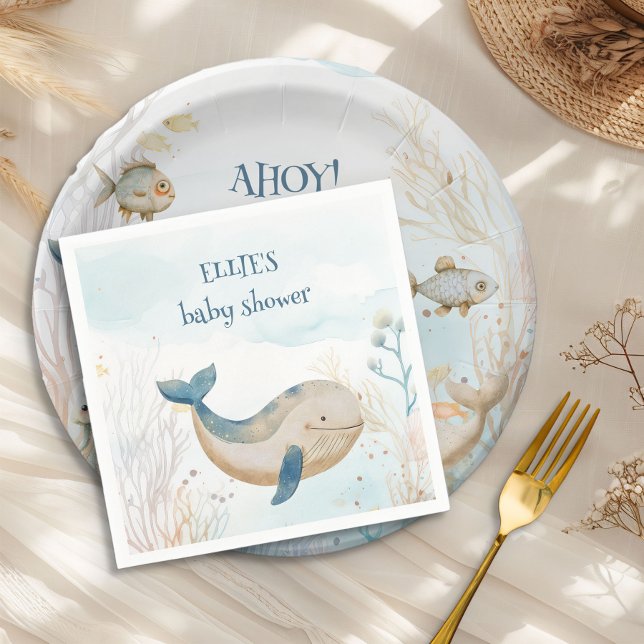 Whale Under the Sea Boy Baby Shower Napkins (Cocktail napkins from the Whale Baby Shower Collection by Darling & May)