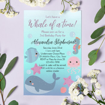 Whale Under The Sea Ocean Beach Girls Birthday Invitation by CustomInvites at Zazzle
