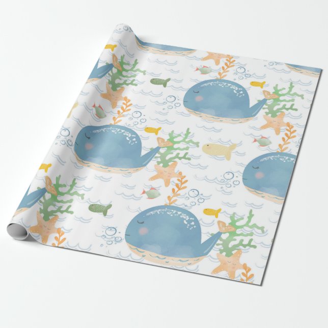 Whale Undersea World Baby Shower Pattern Wrapping Paper (Unrolled)