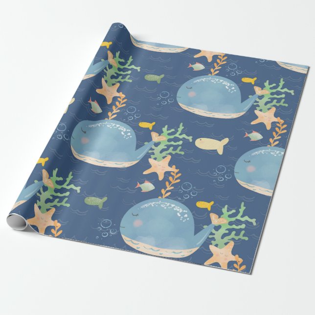 Whale Undersea World Baby Shower Pattern Wrapping Paper (Unrolled)