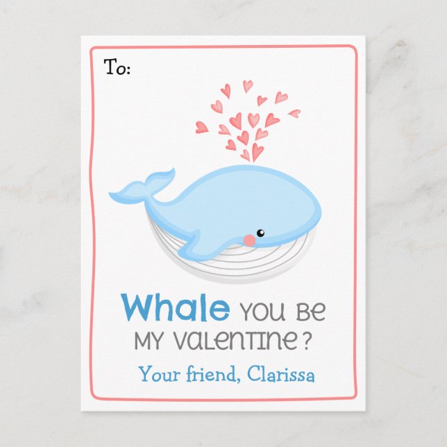 Whale Valentines Day Card for Kids (Cute Funny) (Front)