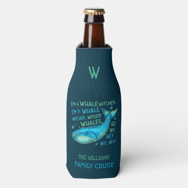 Whale Watching Family Vacation Cruise Personalized Bottle Cooler (Bottle Front)