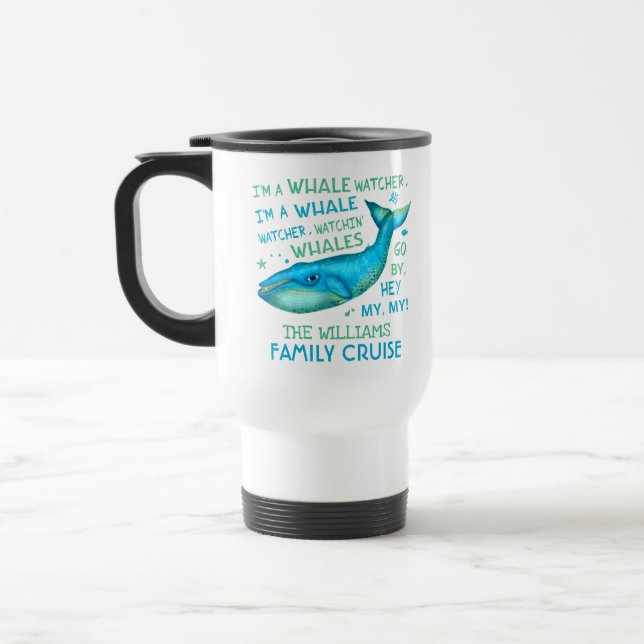 Whale Watching Family Vacation Cruise Personalized Travel Mug (Left)