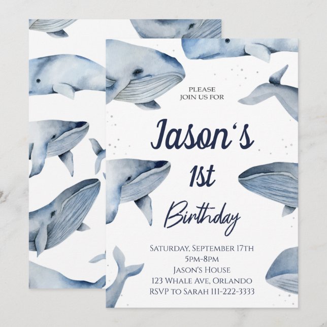 Whale Watercolor Birthday Invitation (Front/Back)