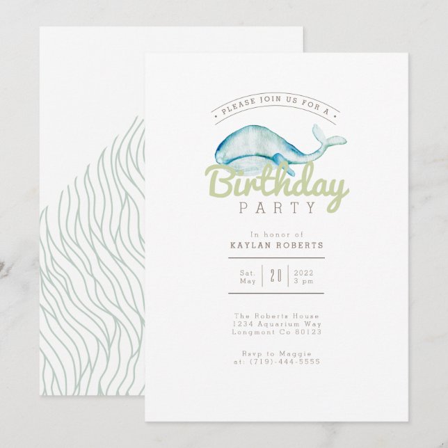 Whale Watercolor | Birthday Party | Ocean Life Invitation (Front/Back)