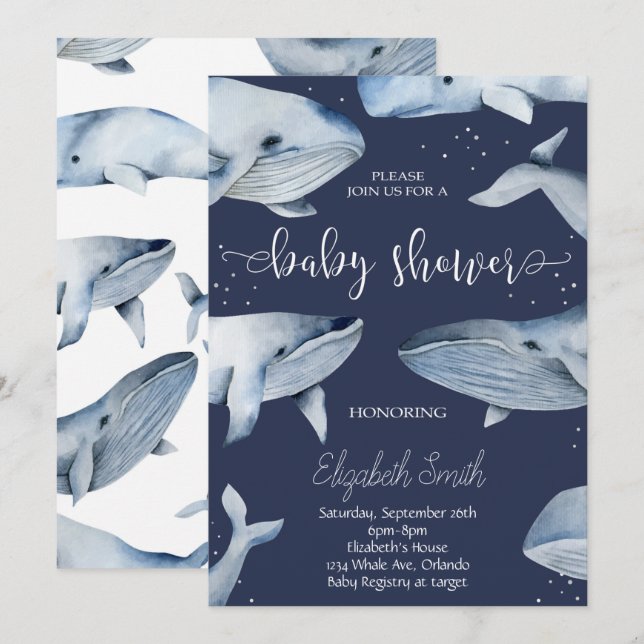 Whale Watercolor Black Baby Shower Invite (Front/Back)