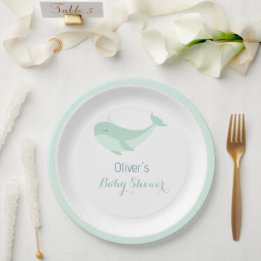Whale Watercolour Blue Green Baby Shower Paper Plates