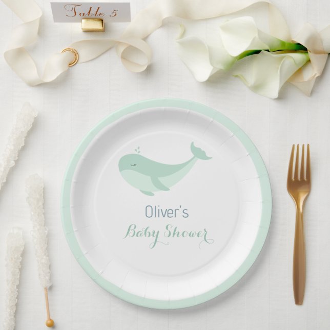 Whale Watercolour Blue Green Baby Shower Paper Plates (Wedding)