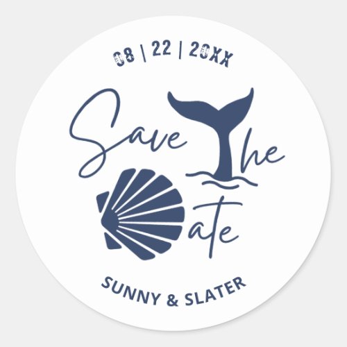 Whale Wave Seashell Beach Typography Save The Date Classic Round Sticker