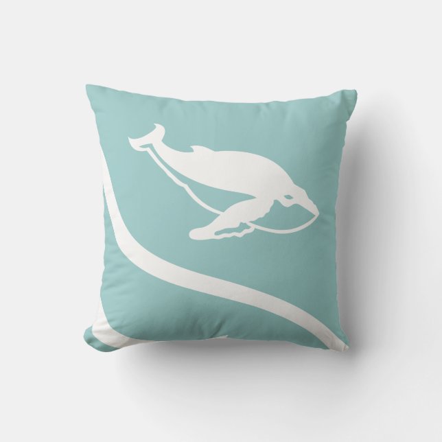 whale. WHITE on grey blue pillow (Front)