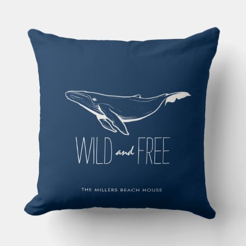 Whale Wild and Free Beach House Nautical Stripe Throw Pillow