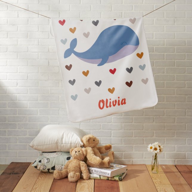 Whale with Colorful Hearts baby blanket (In Situ)