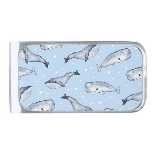 Whale Wonders Watercolor Starry Sky Silver Finish Money Clip