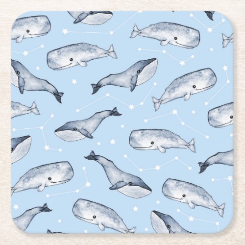 Whale Wonders Watercolor Starry Sky Square Paper Coaster