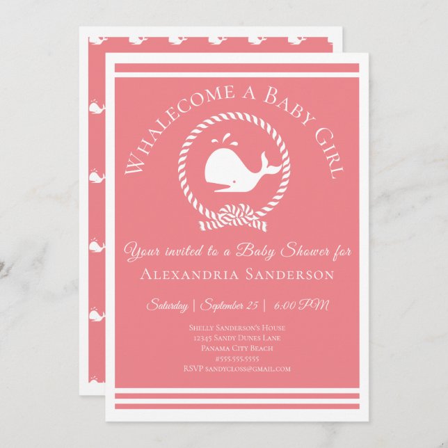Whalecome a Baby girl Nautical Shower Invitation (Front/Back)