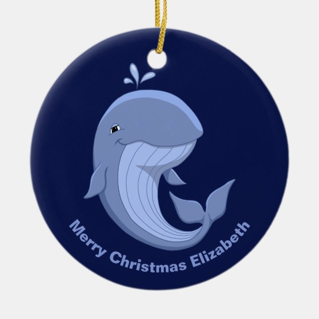 Whaled It Cute Happy Blue Whale Ceramic Ornament (Front)