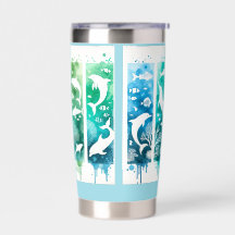whales and coral in  blue green brush strokes