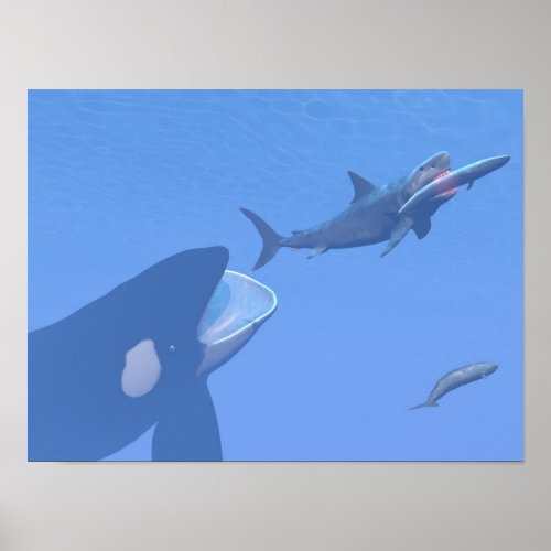 Whales and megalodon underwater _ 3D render Poster