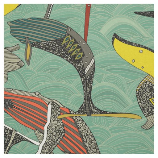 whales and waves jade fabric