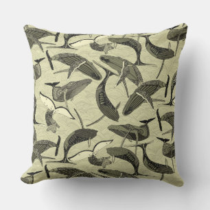 whales and waves natural throw pillow