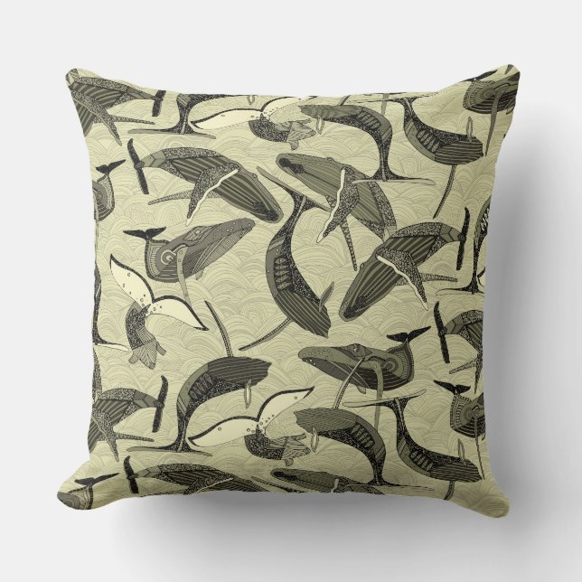 whales and waves natural throw pillow (Front)