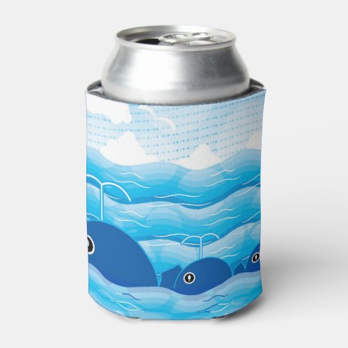 Whales and Waves Ocean Blue Can Cooler