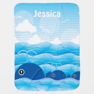 Whales and Waves Ocean Blue Personalised Baby Blanket