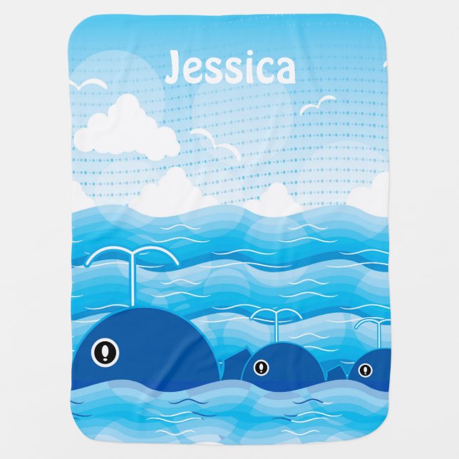 Whales and Waves Ocean Blue Personalised Baby Blanket (Front)