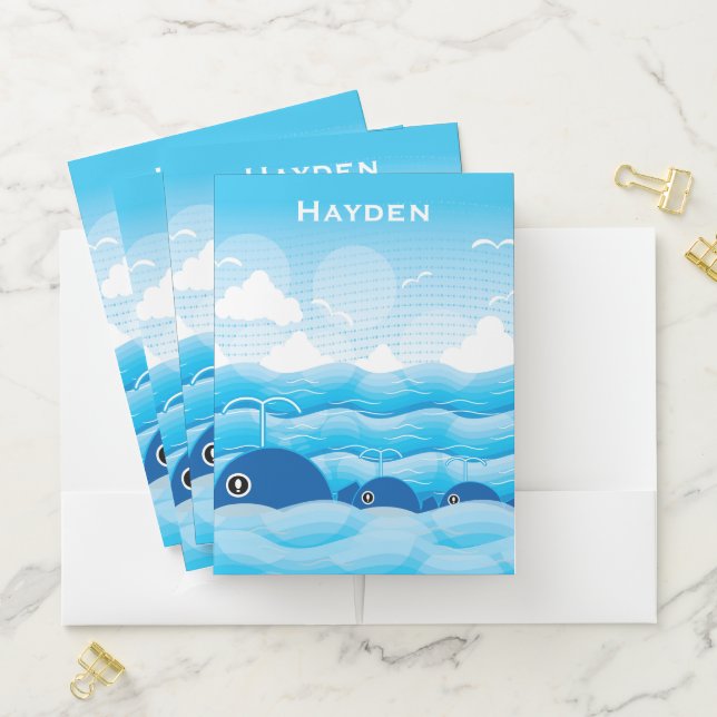 Whales and Waves Ocean Blue Personalised Pocket Folder (In Situ)