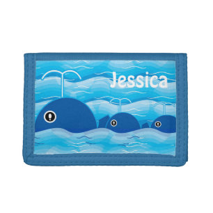 Whales and Waves Ocean Blue Personalised Tri-fold Wallet