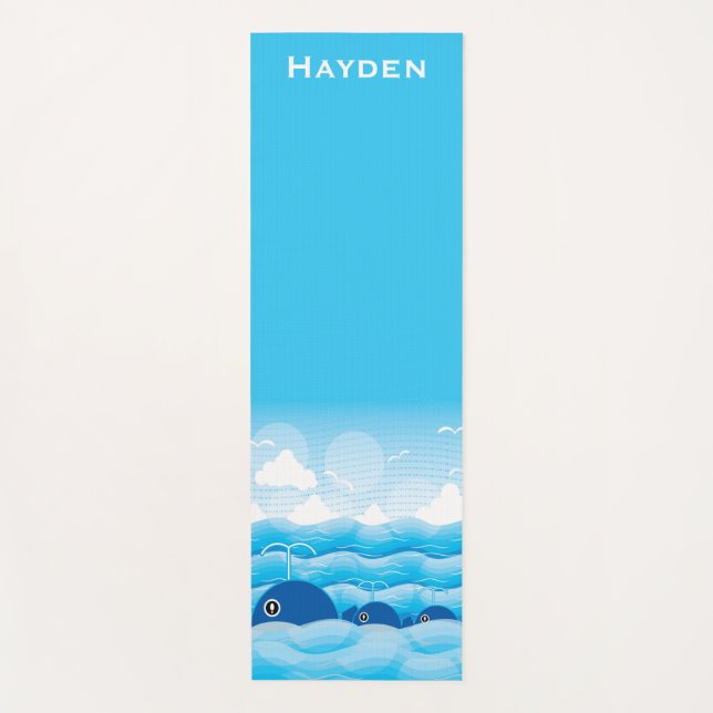 Whales and Waves Ocean Blue Personalised Yoga Mat (Front)