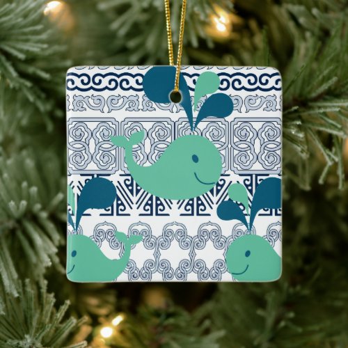 Whales and Waves Pattern Ceramic Ornament