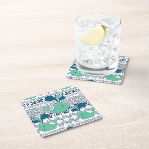 Whales and Waves Pattern Square Paper Coaster
