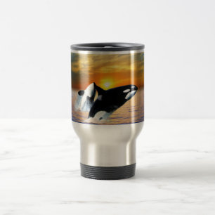 Whales at sunset travel mug