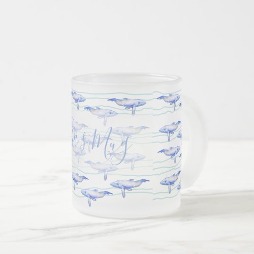 Whales Big Fish Watercolor Art Frosted Glass Coffee Mug