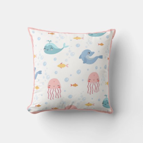 Whales Dolphins Jellyfish Pink Ocean Sea Fish Throw Pillow