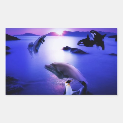 Whales dolphins penguins ocean sunset rectangular sticker