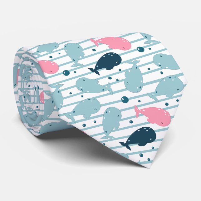 Whales In Navy Blue Pink Neck Tie (Rolled)