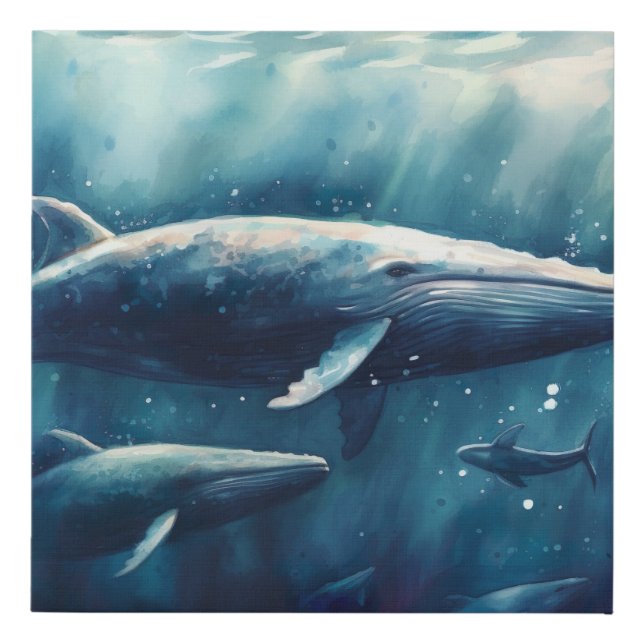 Whales in the Blue Sea Faux Canvas Print (Front)