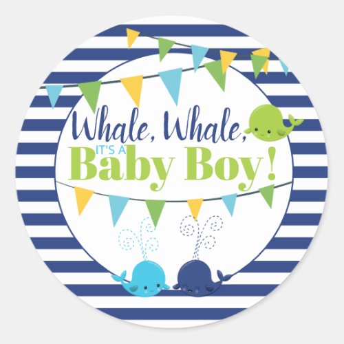 Whales Its A Boy Baby Announcement Navy Striped Classic Round Sticker