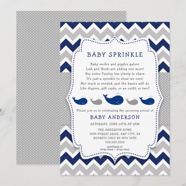 Whales Navy Gray baby sprinkle invitation (Front/Back)