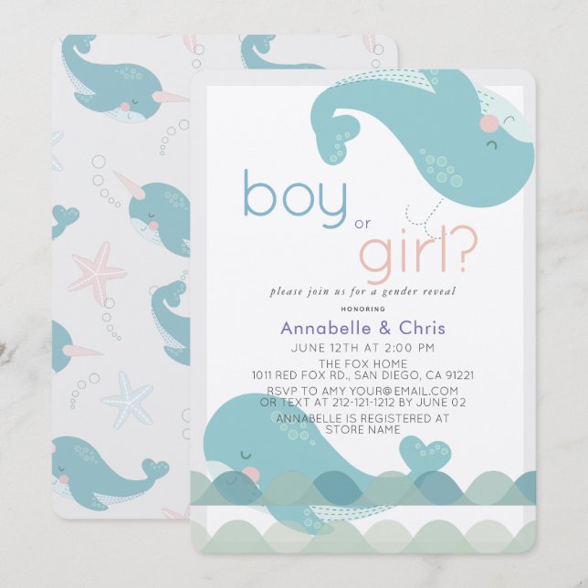 Whales on the Waves Gender Reveal Invitation (Front/Back)