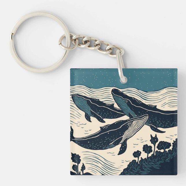 Whales Sea Ocean Marine Nature Vintage Linocut Keychain (Front)